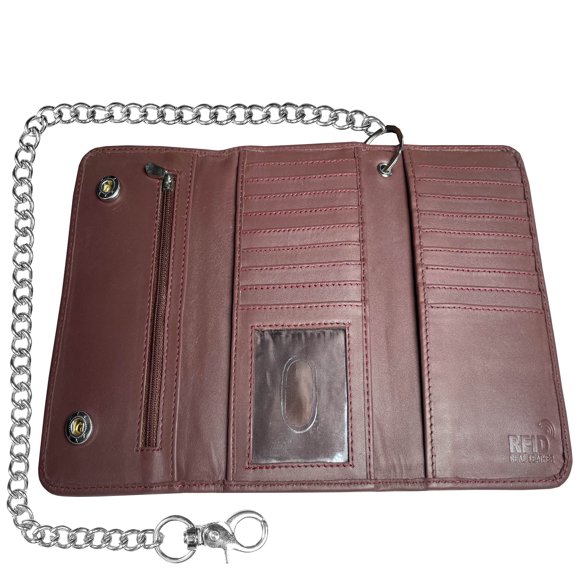 IBRO Motorcycle Chain Wallet for Men, 100% Natural Genuine Leather, Long Trifold RFID Blocking, Credit Card Money Organizer - Mens Trucker Biker Metal Chain Wallets Walnut Brown