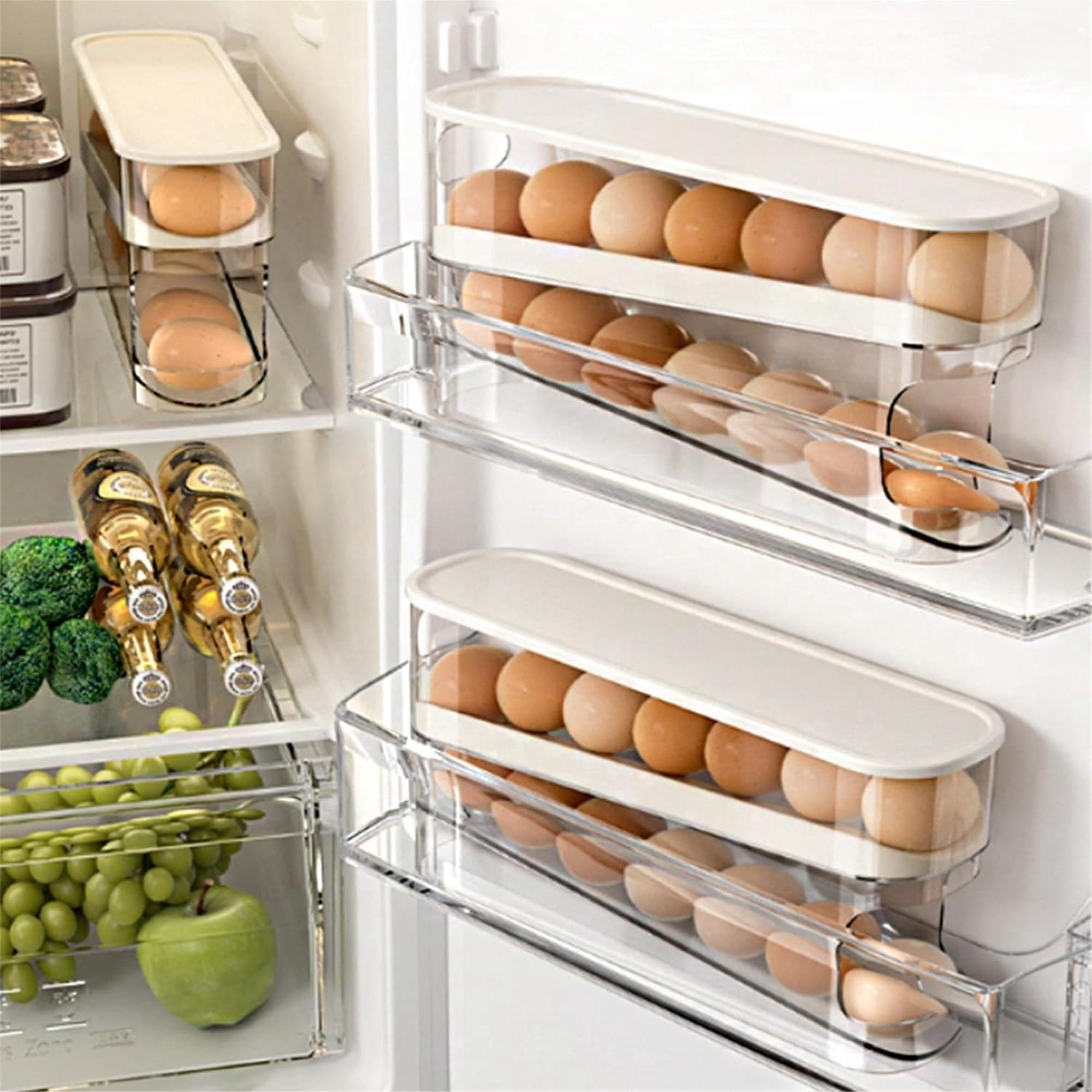 JKCCZLLRefrigerator egg rack, 2026 new refrigerator egg rack automatic rolling egg rack rolling dispenser, stackable refrigerator container and covered storage (1 piece),Transparent