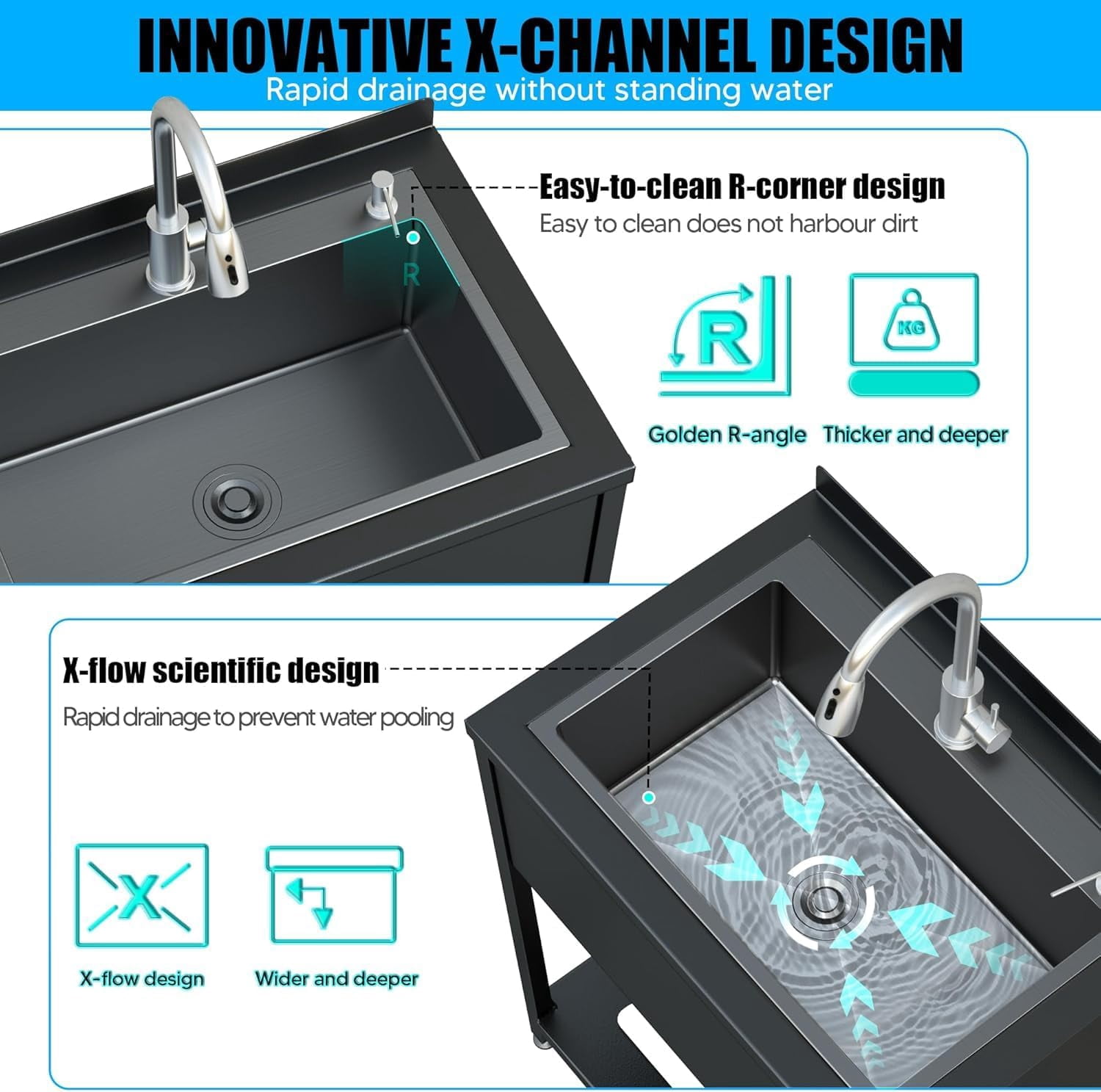 Stainless Steel Utility Sink, 25.7" × 20.7" × 39.5"Freestanding Sink with Cold and Hot Water Faucet,Hoses and Drain Kit for Kitchens, Bathrooms, Garage, Laundry Room