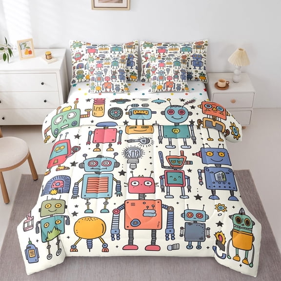 jejeloiu Science Fiction Robot Twin Bedding Sets 7-Piece,Modern Intelligent Machine Bedding Comforter Set,Retro Watercolor Robot Sheet Sets, Microfiber Bedroom Decor Reversible