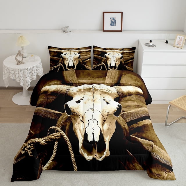 Erosebridal Ensemble de Literie Rétro avec Squelette de Mouton, Ensemble de Couette Simple, Couette d'Animal de Chasse Rustique, Décor Occidental, Réversible