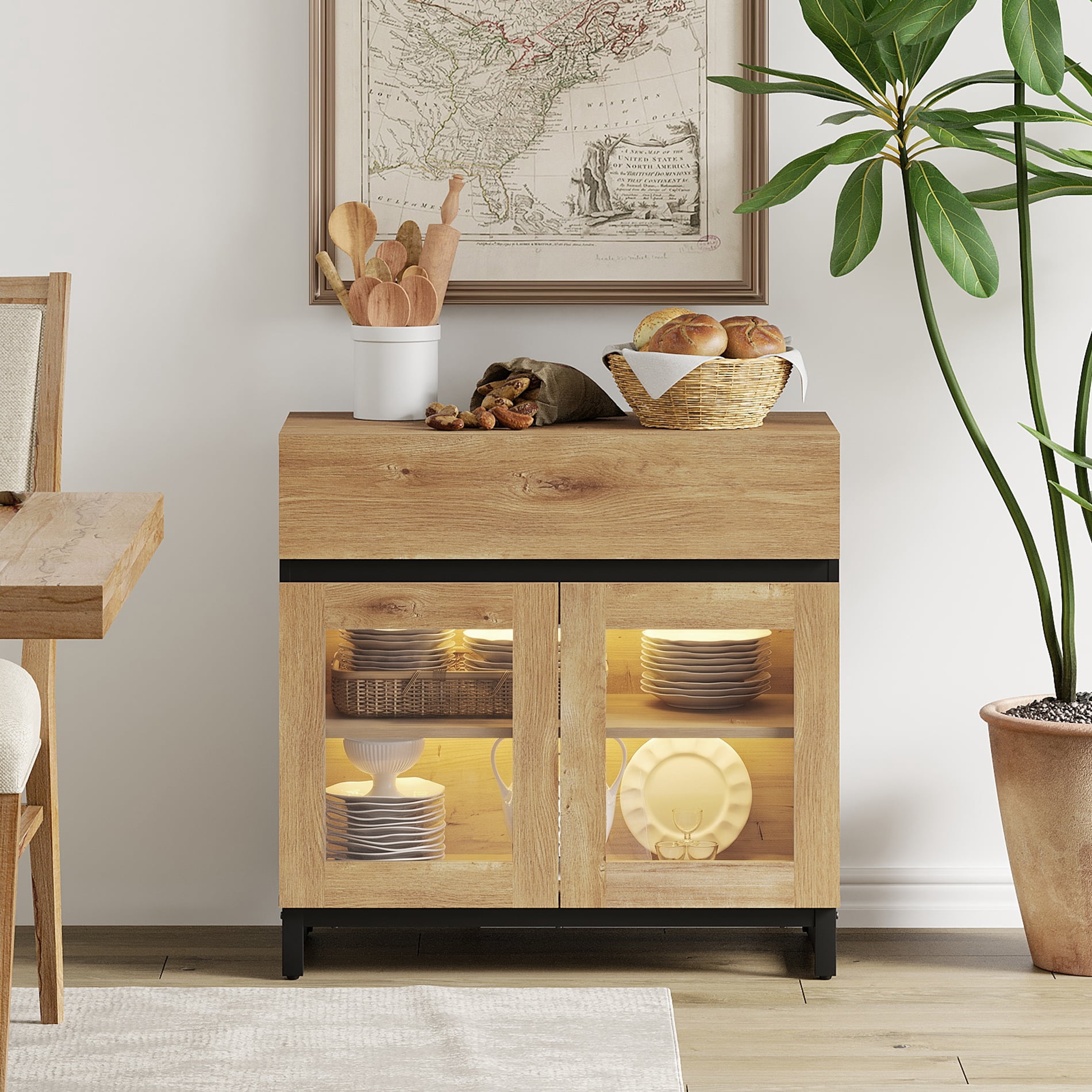 Modern Sideboard Buffet Cabinet with Glass Door & 1 Drawer, Adjustable Shelf Credenza, Coffee Bar Storage Cabinet for Living Room & Kitchen,Oak