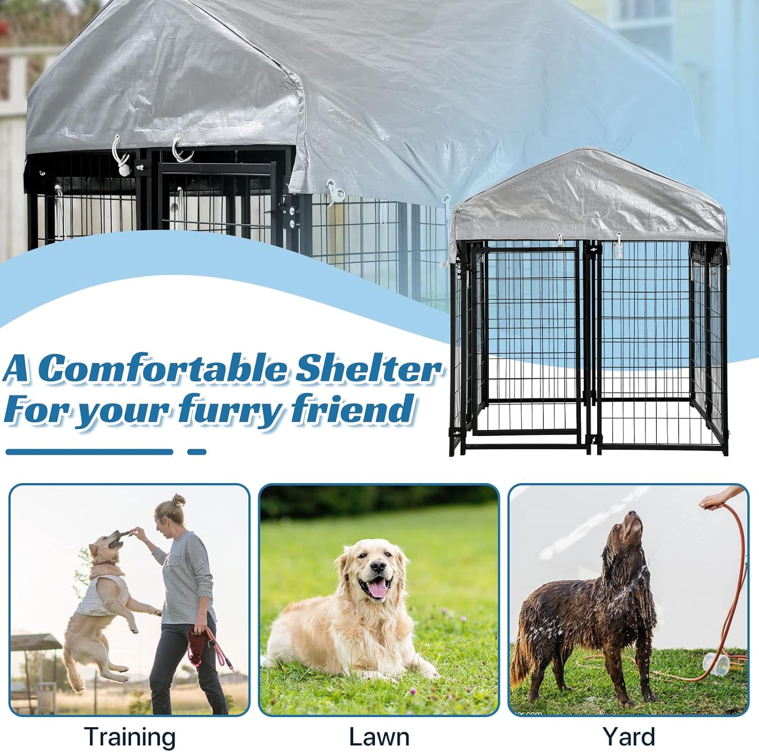 Dkelincs Large Dog Kennel 4.3' x 4' x 4' Heavy Duty Outdoor Dog Crate Cage with Roof and Waterproof Cover, Black