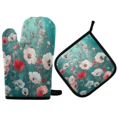 

Heat Resistant Oven Glove & Hot Pad Set Reusable and Washable Kitchen Combo for Baking BBQ Oven Microwave Beautiful Floral Pattern