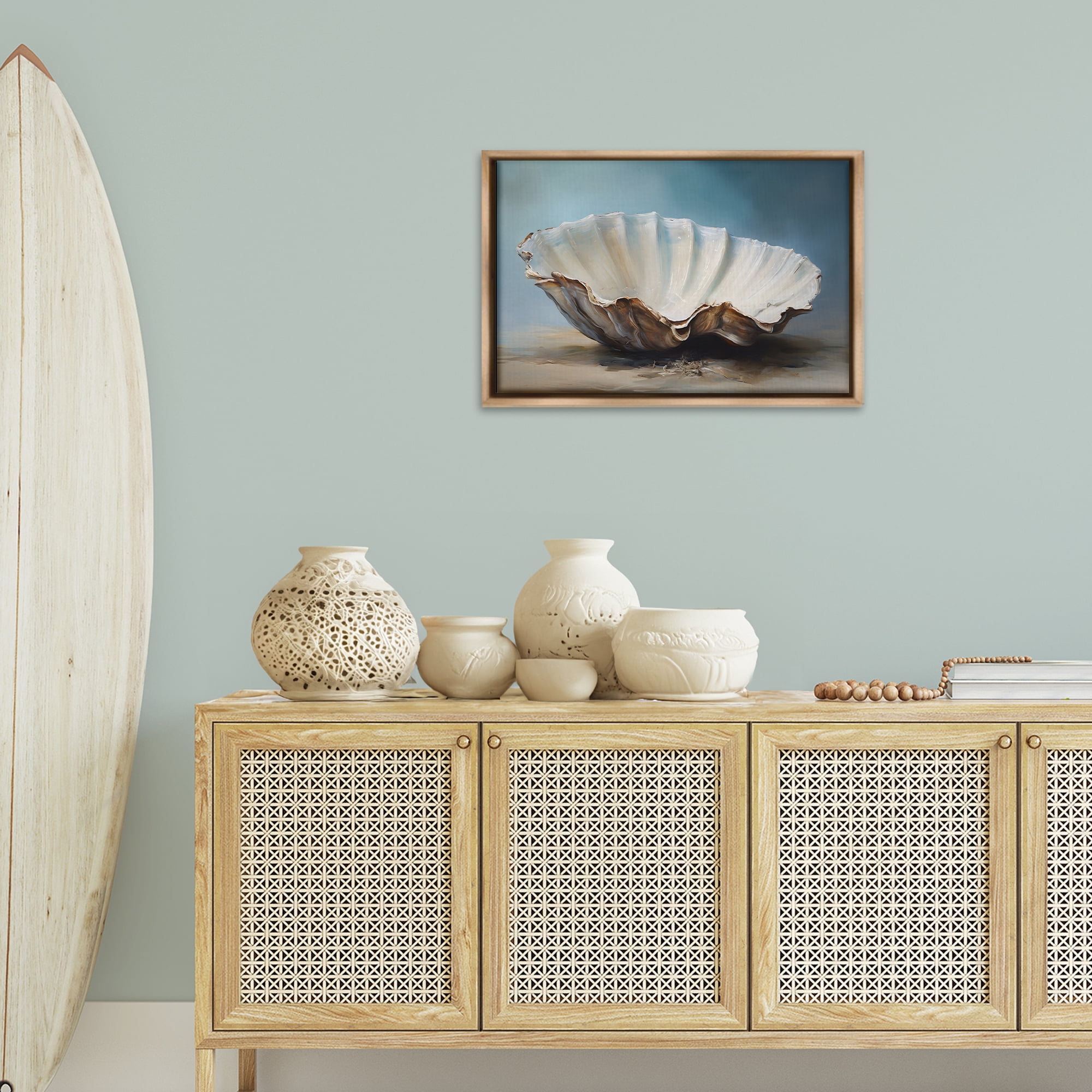 Stupell Industries Neutral Beach Seashell Nautical & Beach Painting Brown Floater Framed Canvas Art Print Wall Art, 25 x 17