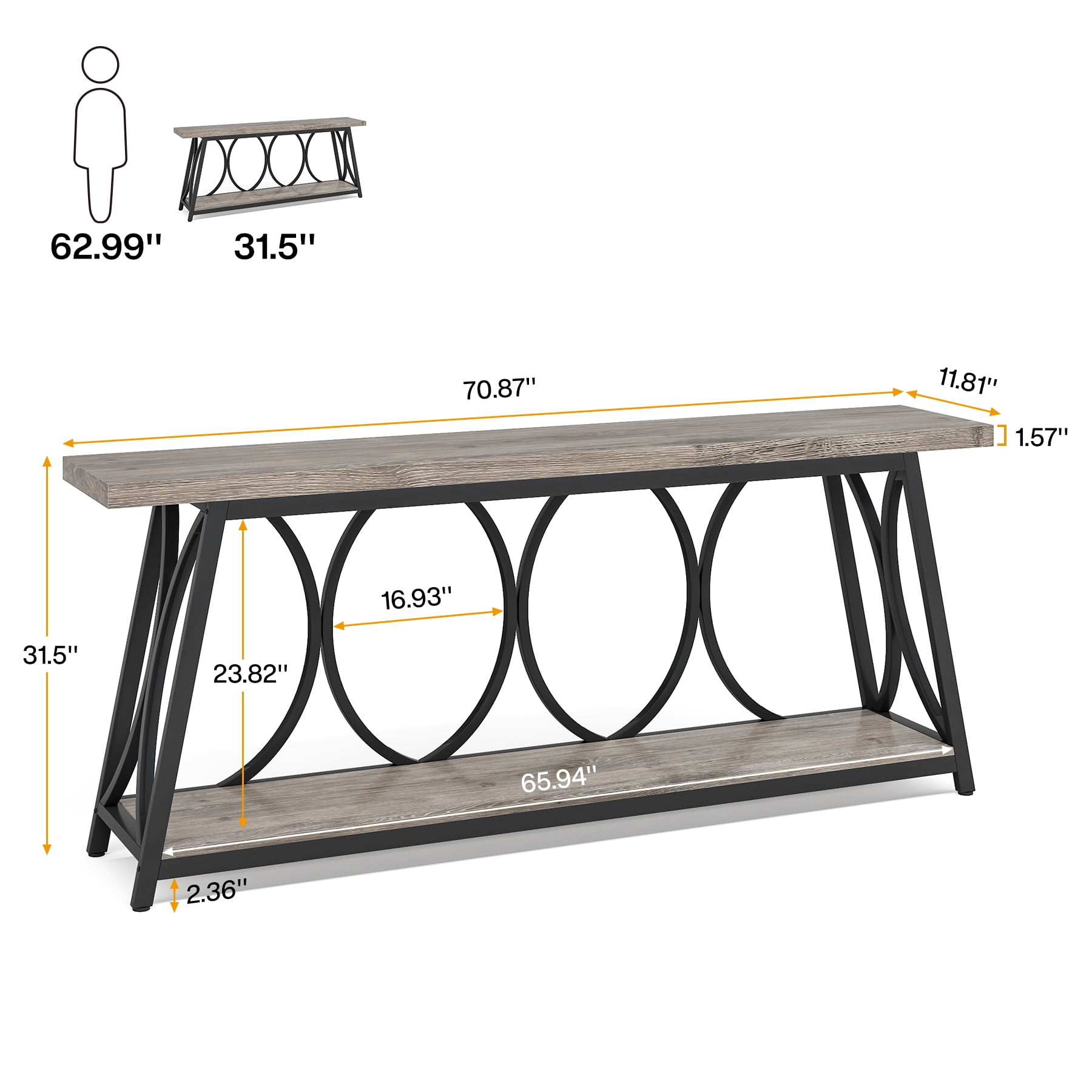 Fnova 70.87" Extra Long 2-Tier Console Table, Industrial Sofa Table with Decorative Circular Metal Frame,  Entryway Hallway Behind Couch Storage Console