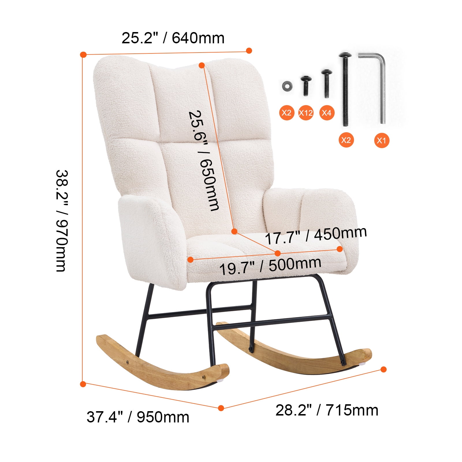 KFFKFF Nursery Rocker Chair, Glide Rocker with Cushioned Seat and Tall Back Support, 250 lbs Load Limit Teddy Fabric, Padded Glide Rocking Chair for Nursery, Bedroom, Living Room, Creamy White