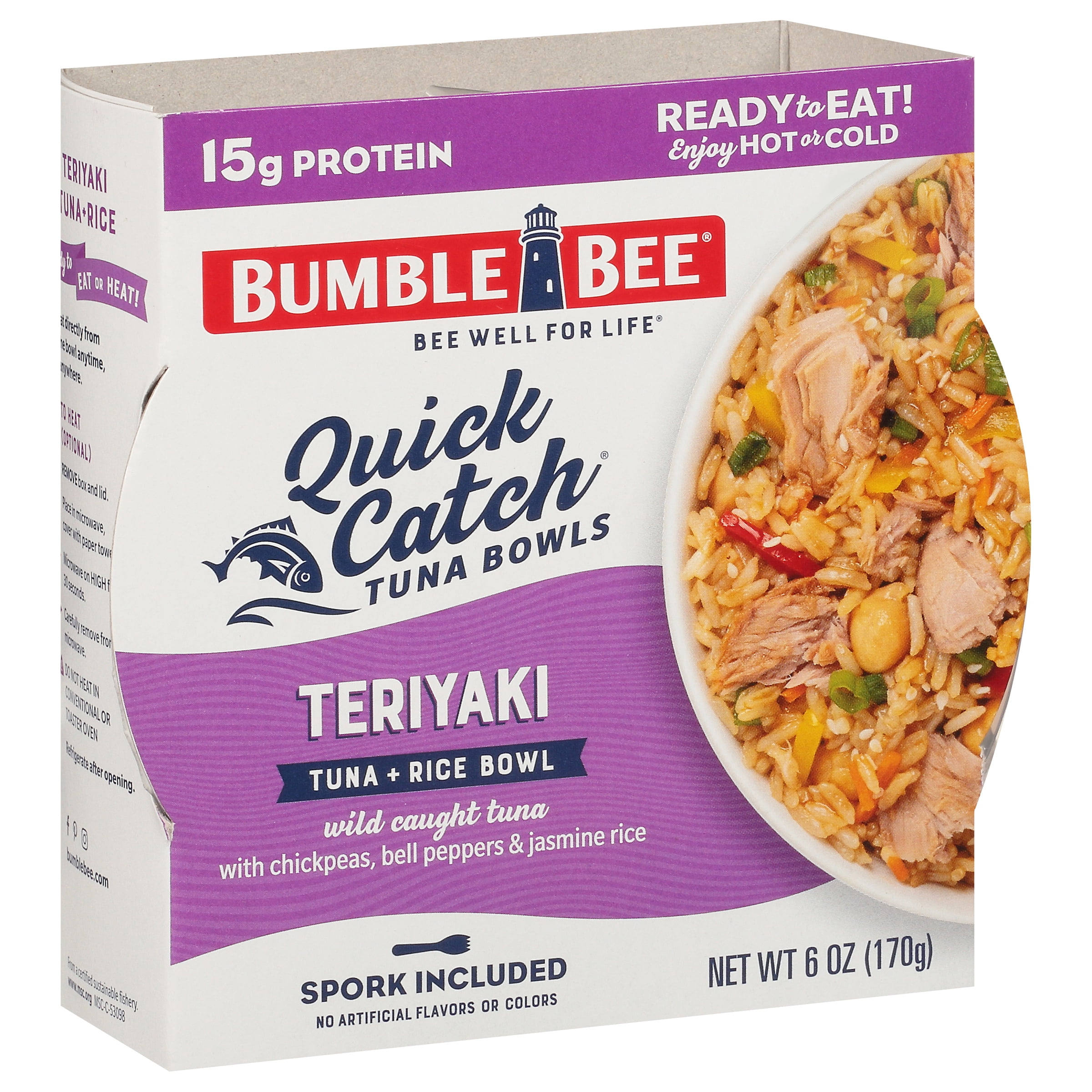 (6 pack) Bumble Bee Quick Catch Teriyaki Flavored Tuna and Rice Bowl, Wild Caught Light Tuna, 15g Protein Per Serving, Ready to Eat, Shelf Stable Bowl, 6 oz