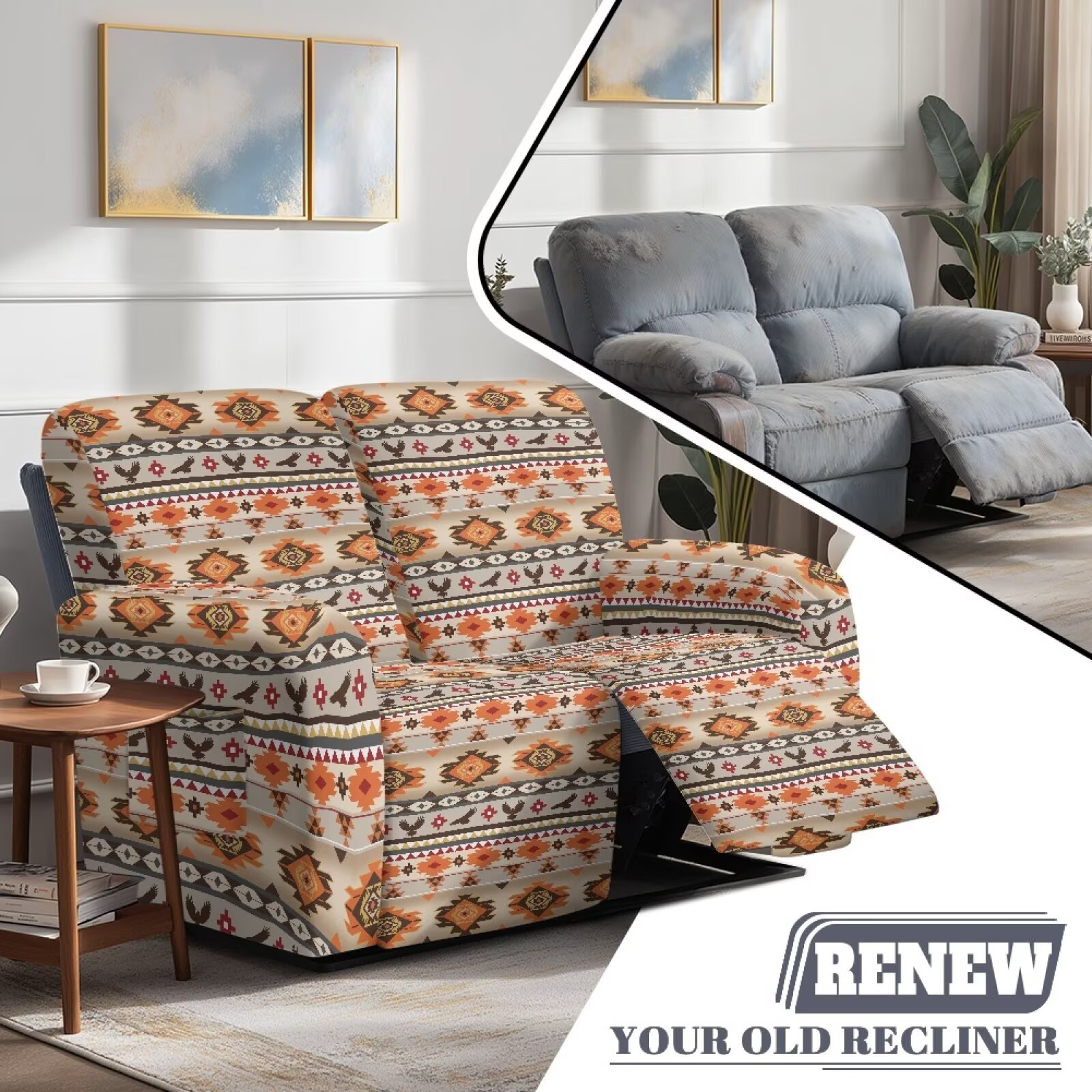 Yuyamidu Aztec Loveseat Recliner Covers 2 Seater Washable Reclining Sofa Covers for Livving Room Soft Recliner Slipcovers with Elastic Edge Gift for Friends