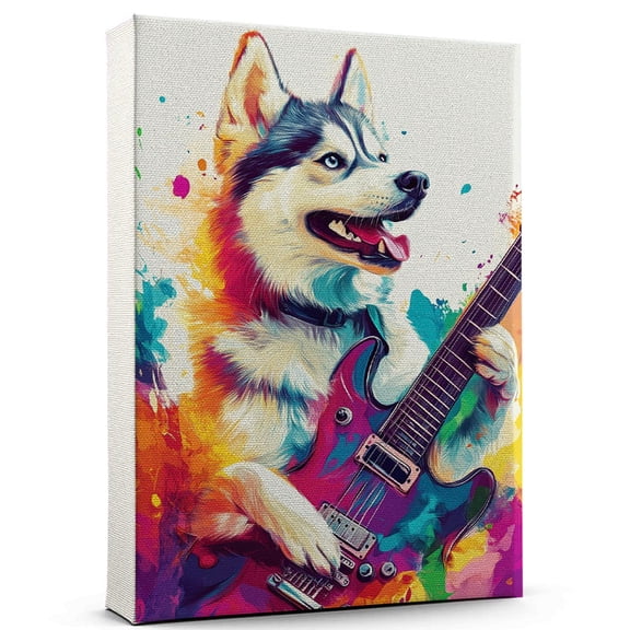 Siberian Husky Dog Guitar Art Stretched Canvas Size 8x12 – Siberian Husky Dog Playing Guitar Wall Art, Dog Lover Canvas, Music Theme Decor for Living Room