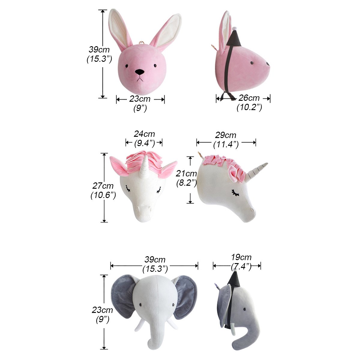Animals Elephant Rabbit Unicorn Head Wall Mount Hanging Kids ...
