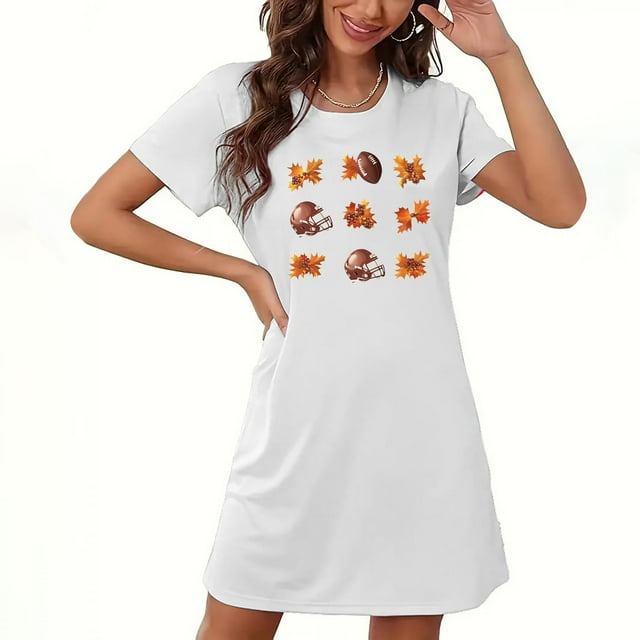 Sakmal Moomoos de l'Action de Grâce pour Femmes, Robe de Nuit Blanche Douce et Extensible Grande Taille, Imprimé Feuilles d'Automne, Col Rond, Manches Courtes, P-2TG