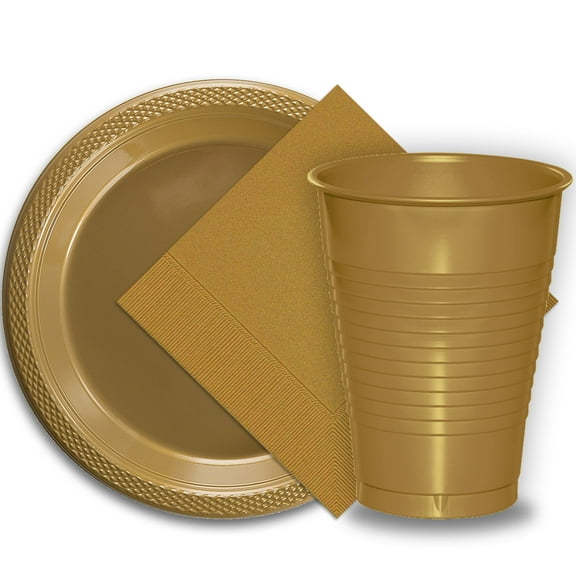 50 Gold Plastic Plates (9"), 50 Gold Plastic Cups (12 oz.), and 50 Gold Paper Napkins, Dazzelling Colored Disposable Party Supplies Tableware Set for Fifty Guests.