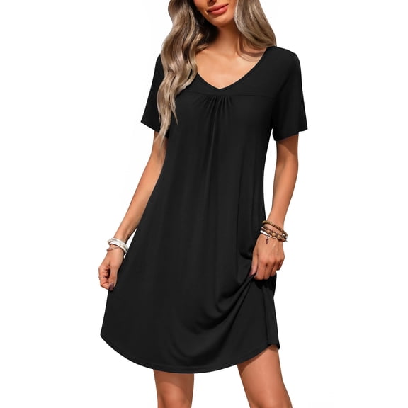 Ekouaer Nightgowns for Women Bamboo Viscose Night Gowns Short Sleeve Sleep Shirt Pleated V Neck House Dress Soft Night Shirts