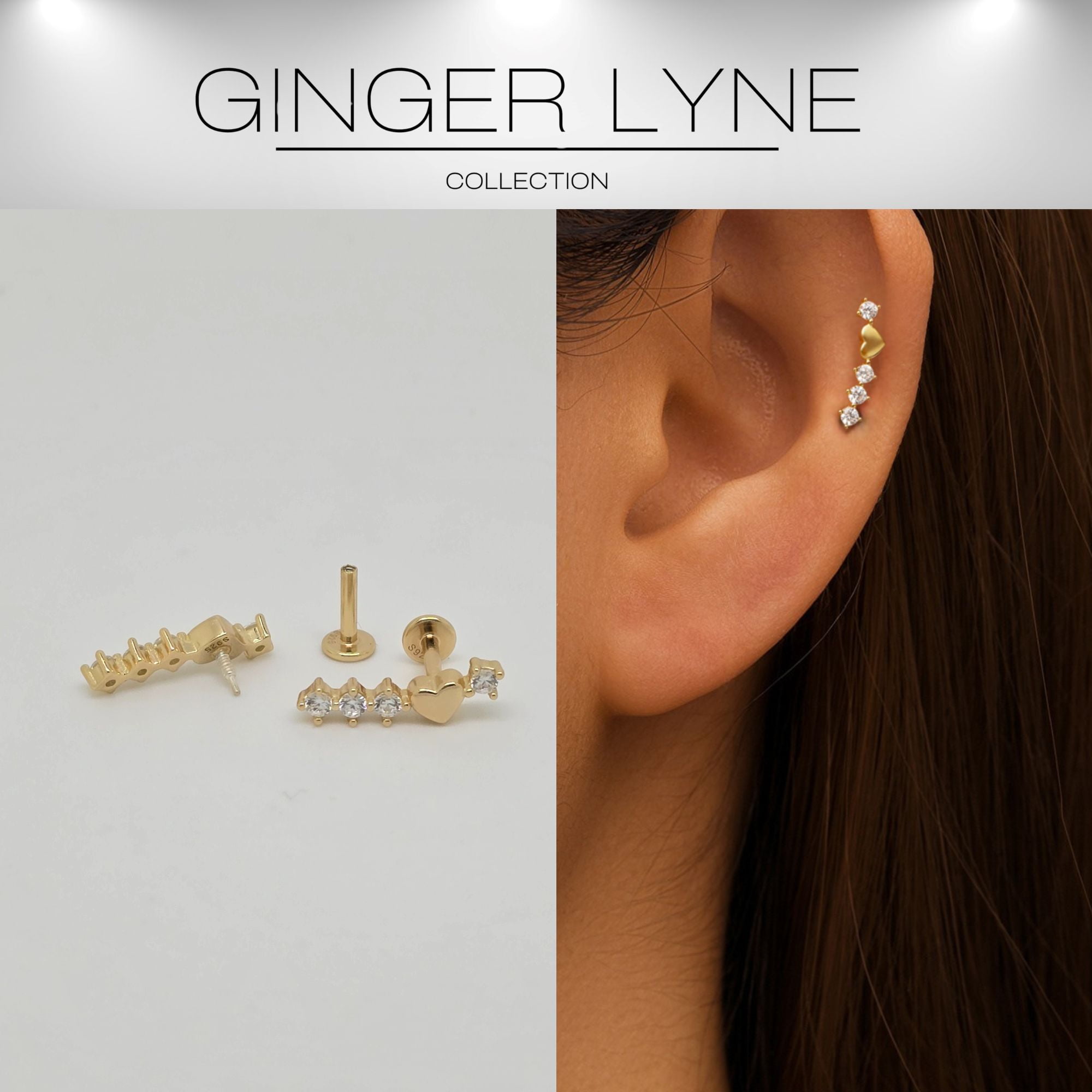 Heart Crawler CZ Flat Back Earrings for Cartilage Helix Tragus Lobe Gold Plated Sterling Silver 1 pair by Ginger Lyne