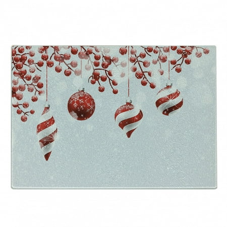 

Christmas Cutting Board Traditional Design Holly Berry Branches Snow and Bokeh Effect Print Decorative Tempered Glass Cutting and Serving Board Small Size Red White by Ambesonne