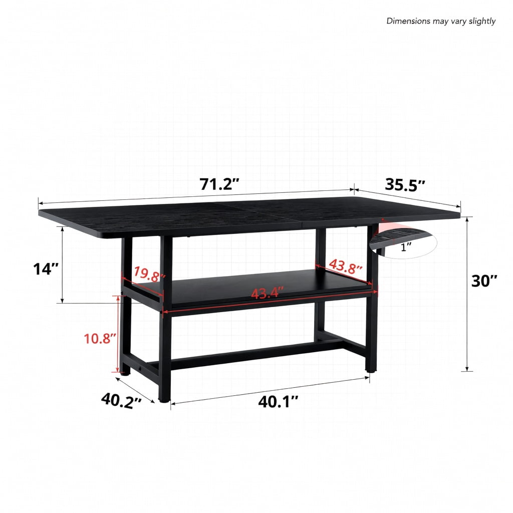 Hommoo Modern MDF Dining Table 71in x 35.4in with Built-in Storage Shelf, Minimalist Industrial Style Extendable-Look Solid Table for Family Meals & Small Spaces, Black