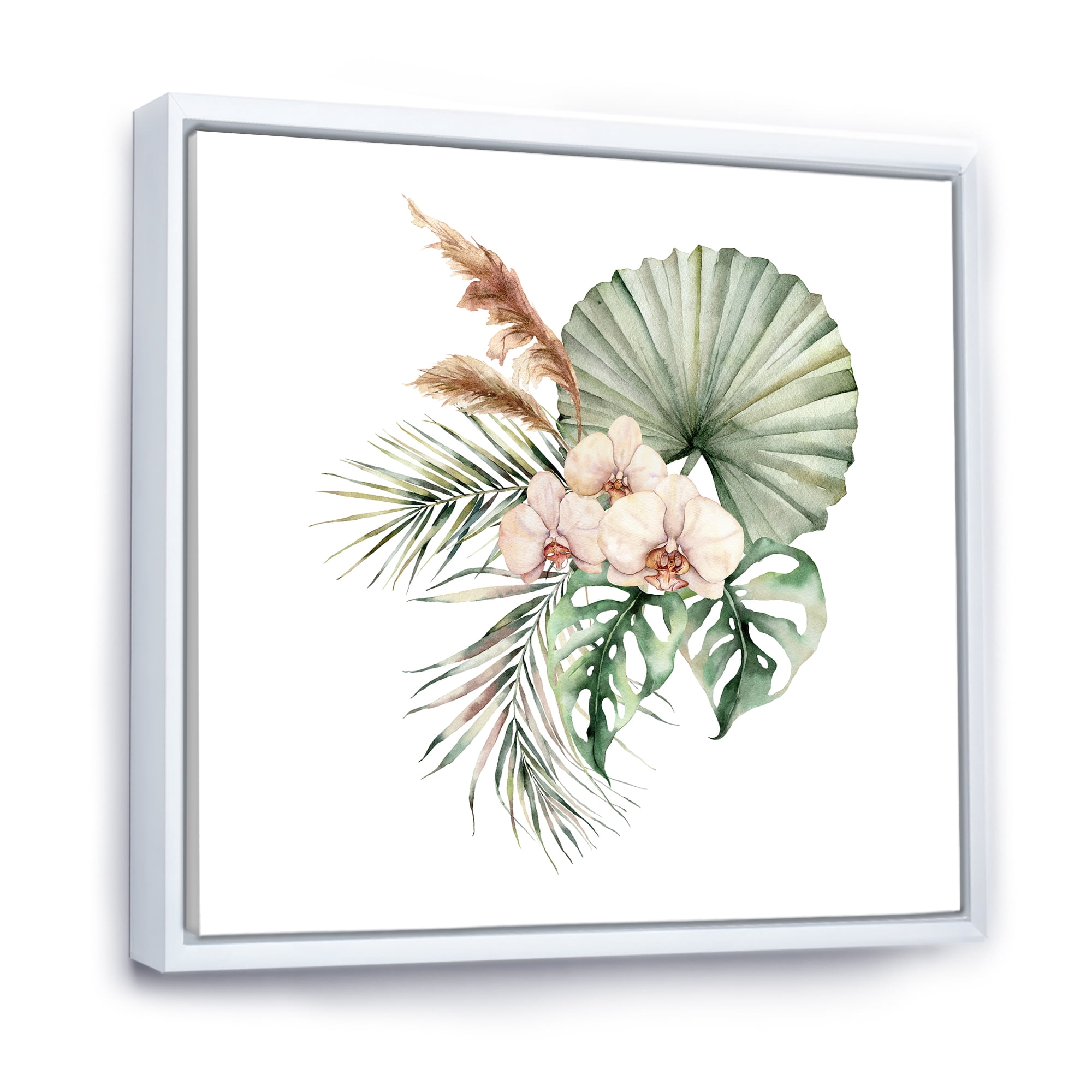 Designart 'Tropical Bouquet With Palm Orchids Leaves' Traditional Framed Canvas Wall Art Print