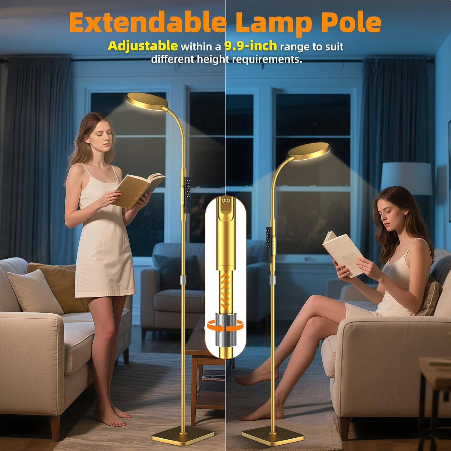 chalian Floor Lamp, Adjustable Height Floor Lamps for Living Room Bedroom, 120 LED Super Bright Standing Lamp Remote & Touch Control Dimmable Gooseneck Tall Stand Reading Lamp for Office Craft, Gold