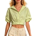 thumbnail image 2 of Women Solid Button Down Short Sleeve Blouse Casual Collared Crop Top Green XXL, 2 of 5