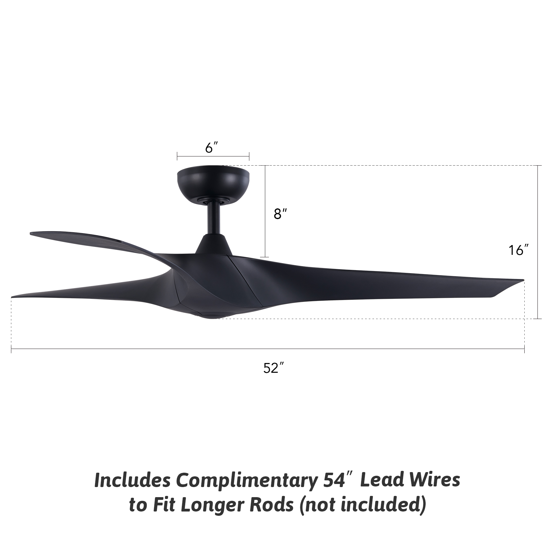 52" Modern Ceiling Fan with Remote Control, 3 Blades, 6 Speeds, Black