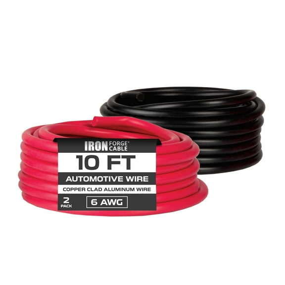 Iron Forge Cable 6 Gauge Wire - 2 Pack 10ft Copper Clad Aluminum Primary Wire - 6 AWG Heavy Duty Cables for Battery or Automotive - 1 Red and 1 Black