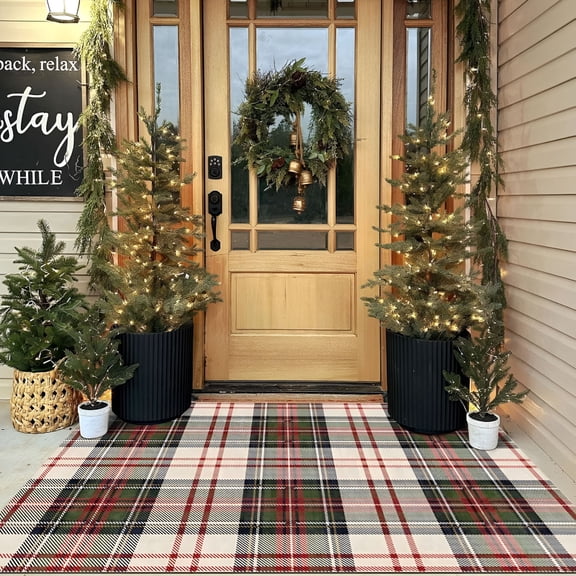 RLESO Christmas 3X5 Entry Rug-Small Washable Indoor Outdoor Mats for Front Door Non-Slip Porch Rug Holiday Tartan Plaid Throw Rugs for Living Room Bedroom Entryway Kitchen Office Porch Decor