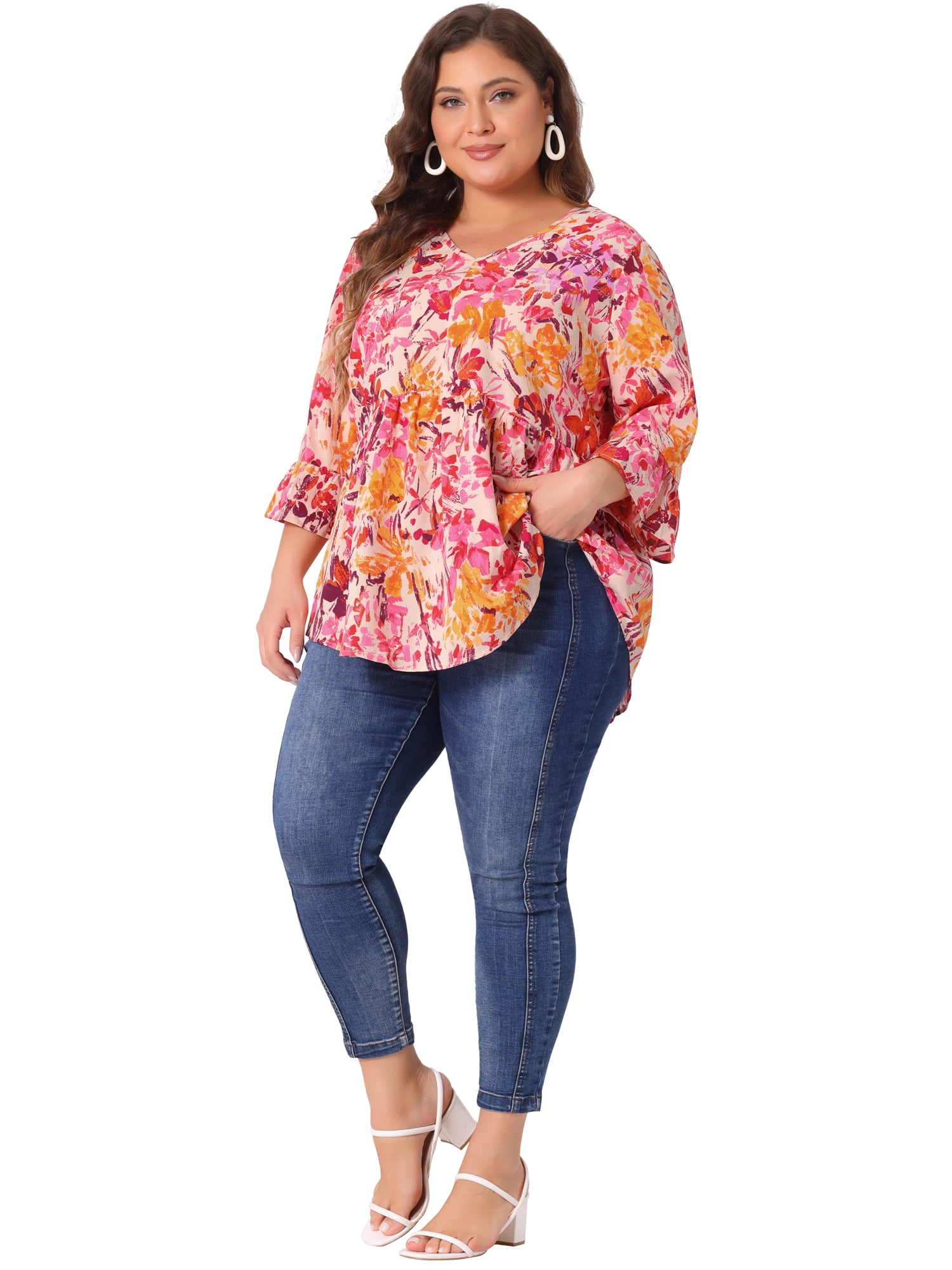 Women's Plus Floral Blouses V Neck Ruffle 3/4 Sleeve Babydoll Peplum Tops 2X Orange Pink