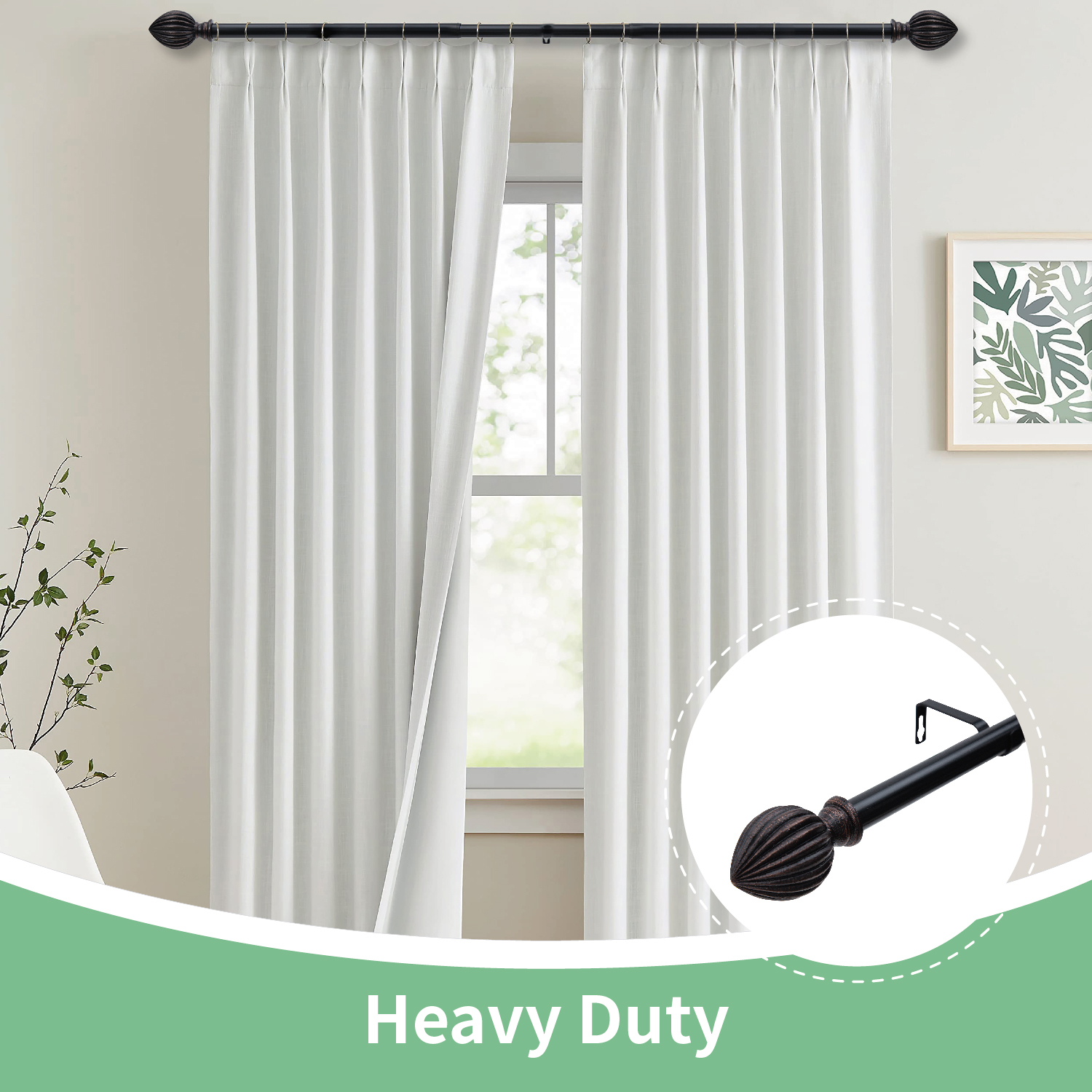 3/4 Inch Standard Decorative Window Curtain Rod, 48-84" Adjustable Length for Windows