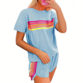 thumbnail image 3 of ZEHJUHAN Women's Summer Round Neck Short Sleeve 2-Piece Set - Striped Casual Top & Shorts Outfit Blue，S, 3 of 6