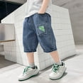 thumbnail image 3 of Uobin Boys Wash Denim Shorts Patch Pocket Letter Embroidery Loose Knee Length Pull-On Elastic Waist Casual Summer Kids Streetwear Shorts 5-15Y, 3 of 6