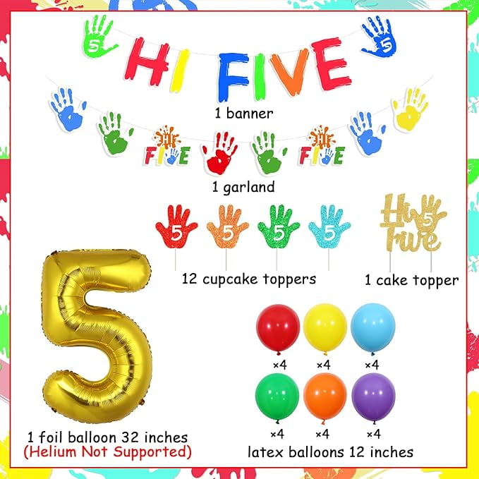 Hi Five Birthday Party Decorations, 5th Birthday Decorations for Boys Girls, Hi Five Banner Garland Cake Cupcake Toppers Number 5 Foil Balloon for 5 Year Old Bday Party