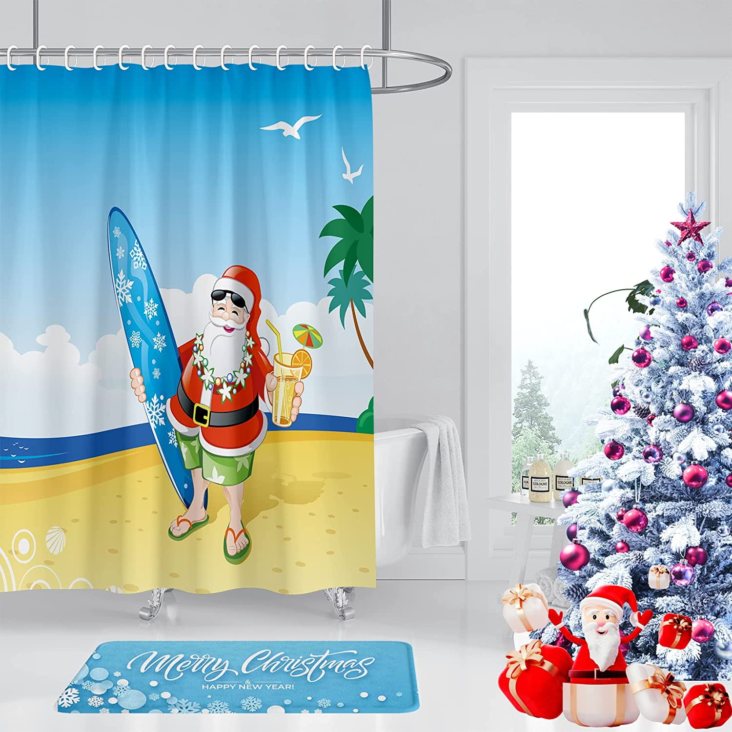 JOOCAR Christmas Shower Curtain, Happy Santa Claus Beach Christmas
