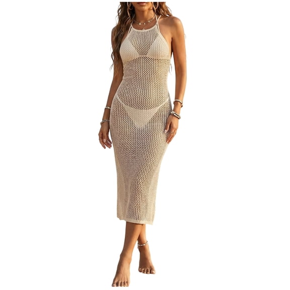 Erwazi Womens Long Cover Up Solid Sleeveless Spaghetti Strap Casual Loose Beach Outerwear Maxi Dreses