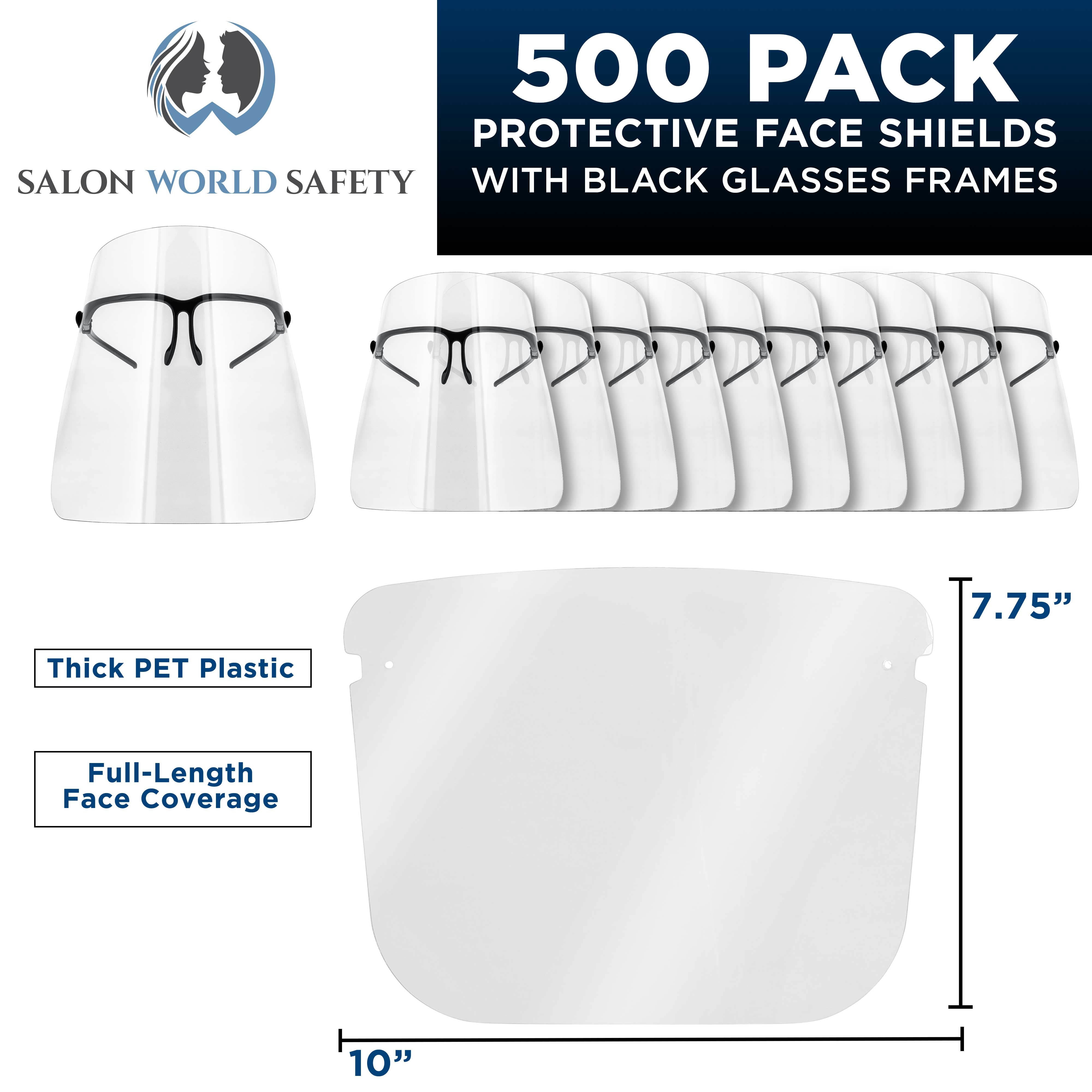 Salon World Safety Face Shields with Black Glasses Frames (20 Packs of 25) - Ultra Clear Protective Full Face Shields to Protect Eyes, Nose, Mouth - Anti-Fog PET Plastic, Goggles