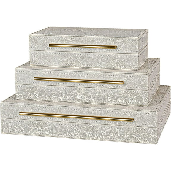Elegant Set of 3 Ivory Shagreen Decorative Boxes with Velvet Lining and Golden Handles - Versatile Home Decor and Jewelry Organizer