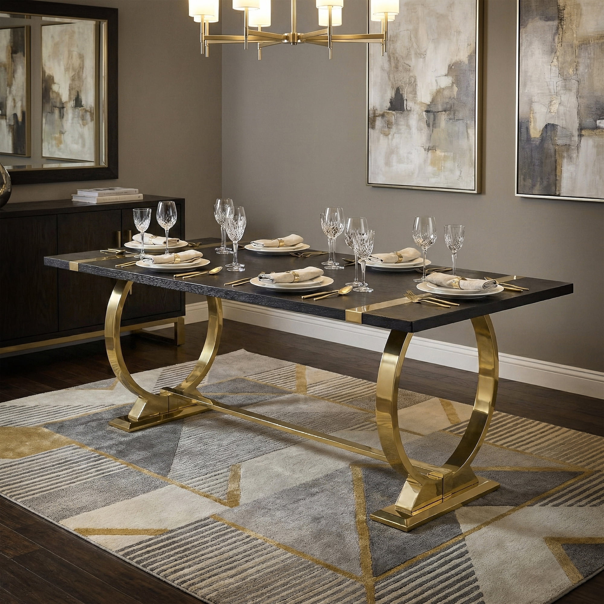 Furniture of America Gaius Glam Wood 80" Rectangle Dining Table with O-Shaped Stainless Steel Trestle Base, Black and Gold