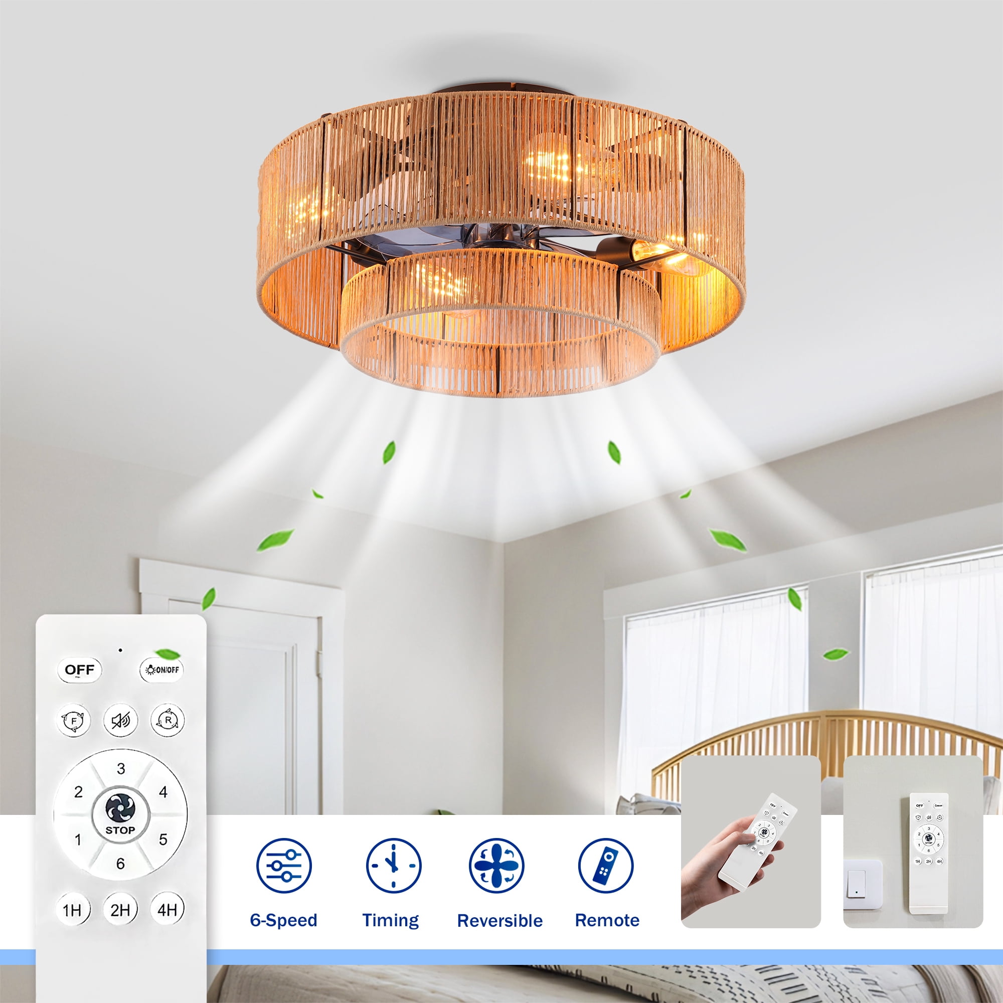 Leumius 20" Double Tier Rope Caged Ceiling Fan with Light and Remote Control, Low Profile Chandelier 6 Speed DC Motor Reversible Ceiling Fan for Living Room Bedroom (NOT Included Bulbs)