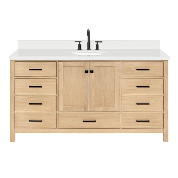 ARIEL CAMBRIDGE 67 Inch Single Oval Sink Bathroom Vanity With Pure White Quartz Countertop 1.5 Inch Edge In Oak