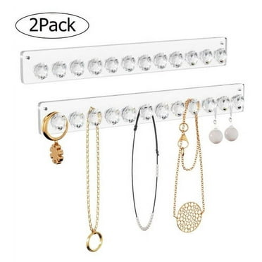LNKOO Acrylic Necklace Holder Set of 2, Wall Mounted Jewelry Organizer Hanging with 12 Diamond Shape Hooks, Clear Necklaces Hanger, Jewelry Hangers for Necklace, Bracelet, Gift for Girls Women