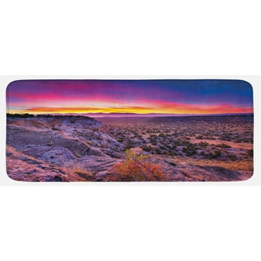 Nature Kitchen Mat, Surreal Sunrise Sky Horizon over the Mountain Valley National Monument Dusk Print, Plush Decorative Kitchen Mat with Non Slip Backing, 47" X 19", Purple Blue, by Ambesonne