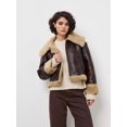 thumbnail image 5 of Women Faux Leather Jacket with Faux Fur Lining Warm Winter Biker Coat Brown XL, 5 of 9