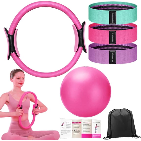 Pilates Ring Set with 14-Inch Magic Circle, Exercise Ball & 6 Resistance Bands - Complete Home Workout Equipment for Core Strength, Toning and Flexibility Ideal Fitness Gift Women Men