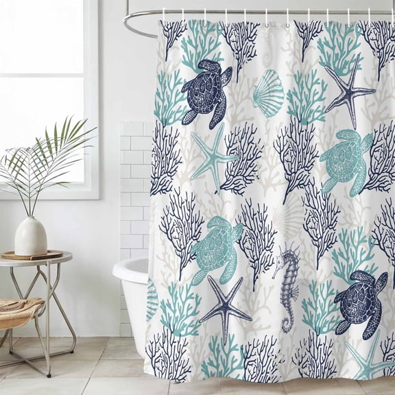 Teal Blue Coastal Waterproof Shower Curtain, 48"x72" Washable Polyester Fabric Shower Curtains for Bathroom, Sea Turtle Nautical Coral Summer Beach Decorative Bathtub Curtain Sets with Hooks