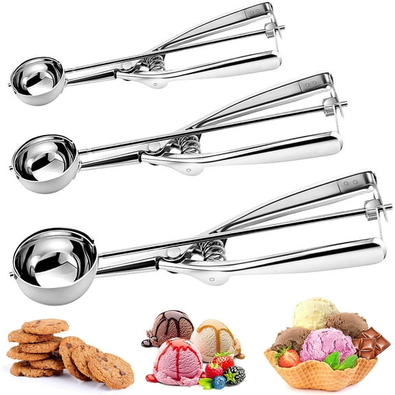 Ice Cream Scoop, 3 Pcs Stainless Steel Cookie Scoop, Meatball Maker Cookie Dough Scoops for Baking Set, Ice Cream Scooper with Trigger Release, Baking Supplies for Melon Baller, Fruit, Mini Cupcake