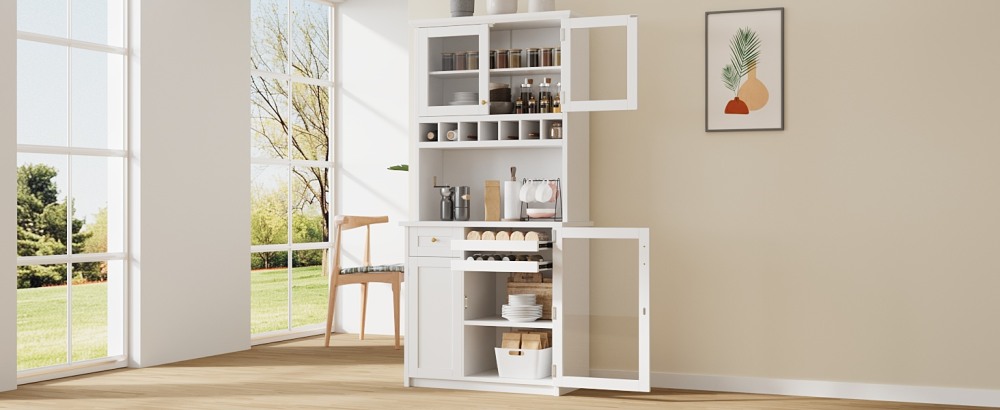 Farmhouse Freestanding Buffet with Hutch, Tall Kitchen Pantry Storage Cabinet with Wine Rack, Adjustable Shelves and Glass Doors for Dining Room, White