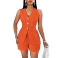 thumbnail image 2 of Joernso Women's Summer 2 Piece Outfits Sleeveless V Neck Button Down Vest Top Lace-up Shorts Set Casual Office Lady Business Suit, 2 of 8