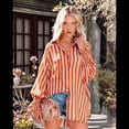 thumbnail image 4 of Camisas de Rayas con Botones para Mujer, Cuello Abullonado, Larga, Blusas Fruncidas Extragrandes con Bolsillo. Rayas Naranjas S, 4 of 10