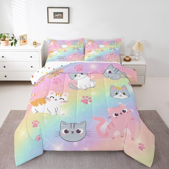 Erosebridal Rainbow Cat Full Bedding Sets , Cute Cat Comforter Set Teen Pastel Gradient Glitter Stars Cat Bed Comforter Sets Cartoon Animal Kitten Paw Quilt 2 Pillow Cases Colorful