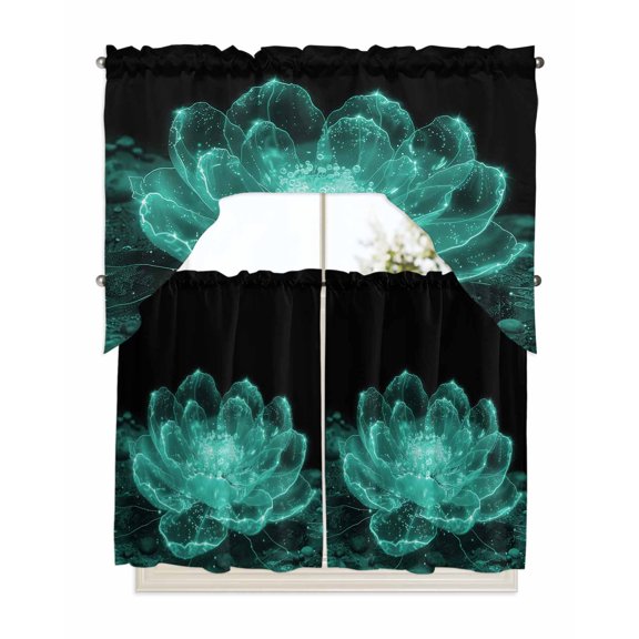 Teal Black Floral Kitchen Curtain and Valance Set 3 Pieces,Rod Pocket Short Tier Curtains 36 Inch Length,Modern Minimalist Ombre Botanical Swag Topper Small Window Treatment for Cafe Bathroom